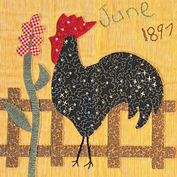 Hand Stitched ROOSTER Folk Art Patchwork Quilt Square Wall Hanging Handcrafted - Picture 2 of 12